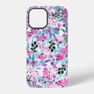 Seamless pattern of purple flowers and berries,blu iPhone 12 case