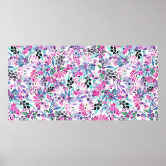 Seamless pattern of purple flowers and berries,blu poster