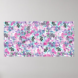 Seamless pattern of purple flowers and berries,blu poster