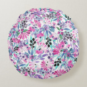 Seamless pattern of purple flowers and berries,blu round cushion