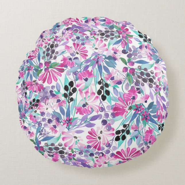 Seamless pattern of purple flowers and berries,blu round cushion (Front)