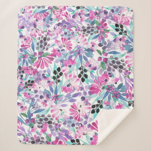 Seamless pattern of purple flowers and berries,blu sherpa blanket