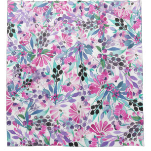 Seamless pattern of purple flowers and berries,blu shower curtain
