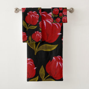 Seamless pattern of red roses on black background bath towel set