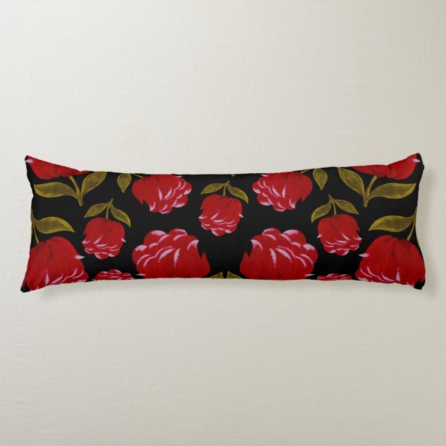 Seamless pattern of red roses on black background body cushion (Front)