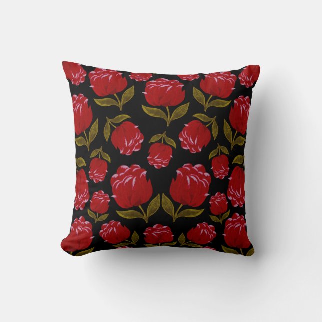 Seamless pattern of red roses on black background cushion (Front)