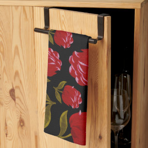 Seamless pattern of red roses on black background tea towel