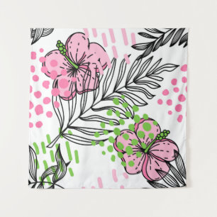 Seamless pattern of tropical elements, hand-drawn tapestry