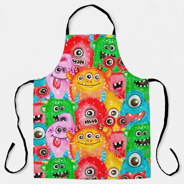 Seamless pattern of watercolor painted funny monst apron (Front)