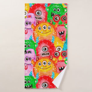 Seamless pattern of watercolor painted funny monst bath towel