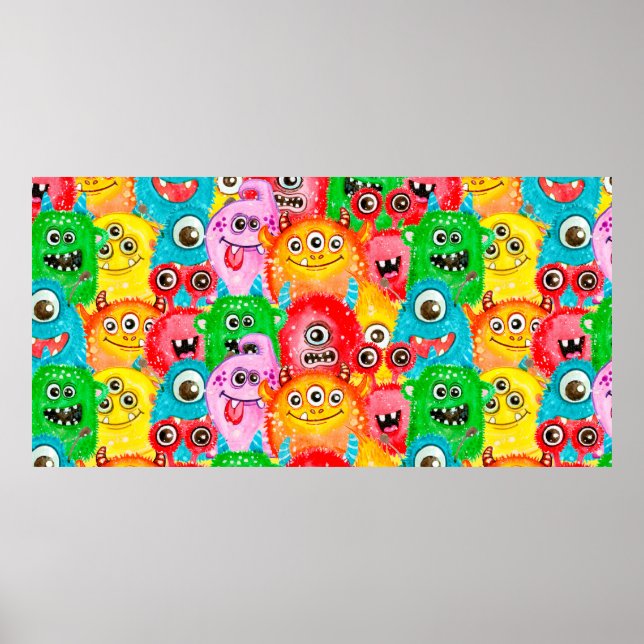 Seamless pattern of watercolor painted funny monst poster (Front)