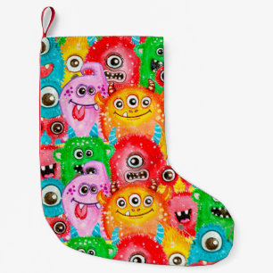 Seamless pattern of watercolor painted funny monst small christmas stocking