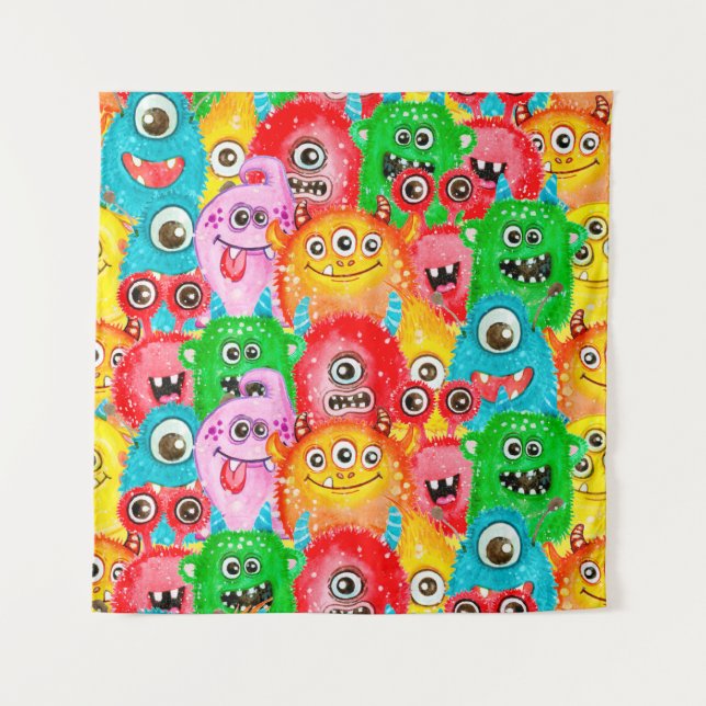 Seamless pattern of watercolor painted funny monst tapestry (Front)