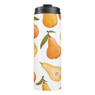 Seamless pattern of yellow pears, pear slices on a thermal tumbler