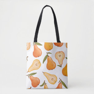 Seamless pattern of yellow pears, pear slices on a tote bag