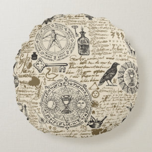 seamless pattern on a theme of alchemy in vintage round cushion