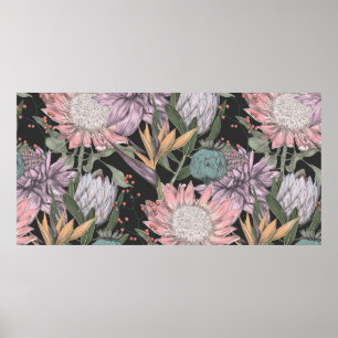 Seamless pattern paradise tropical flowers sketch, poster