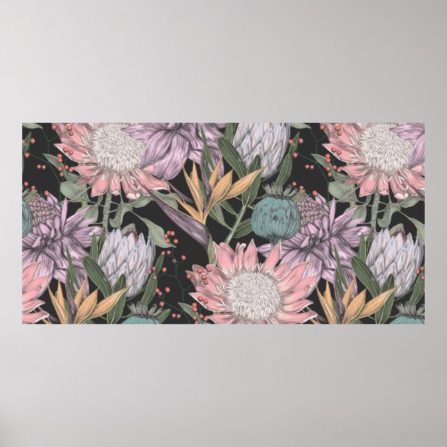Seamless pattern paradise tropical flowers sketch, poster (Front)