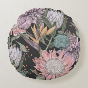Seamless pattern paradise tropical flowers sketch, round cushion