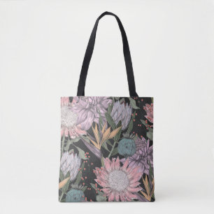 Seamless pattern paradise tropical flowers sketch, tote bag