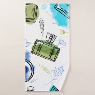 Seamless pattern parfum bottle and watercolor text bath towel