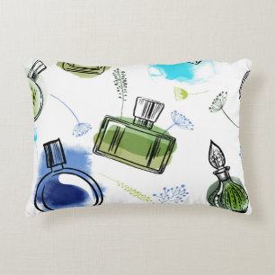 Seamless pattern parfum bottle and watercolor text decorative cushion