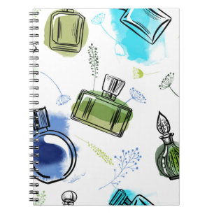 Seamless pattern parfum bottle and watercolor text notebook