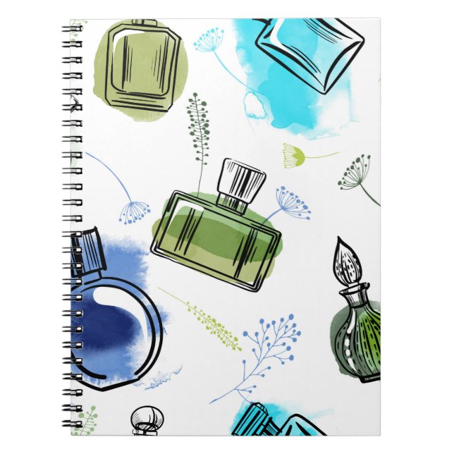 Seamless pattern parfum bottle and watercolor text notebook (Front)