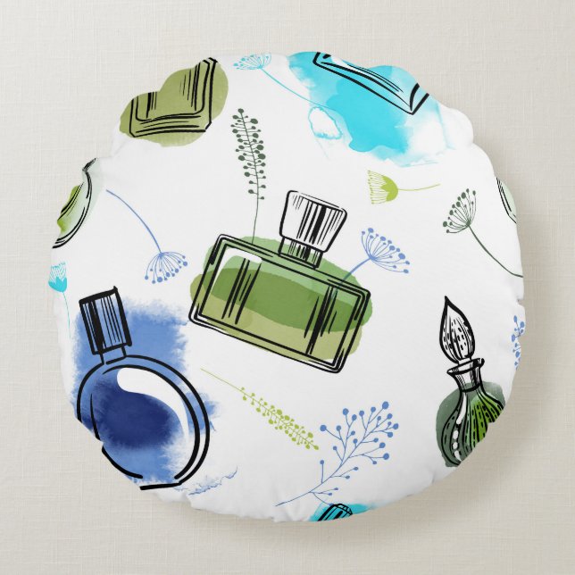 Seamless pattern parfum bottle and watercolor text round cushion (Front)