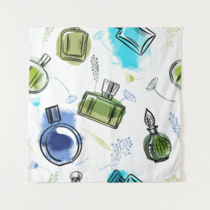 Seamless pattern parfum bottle and watercolor text tapestry