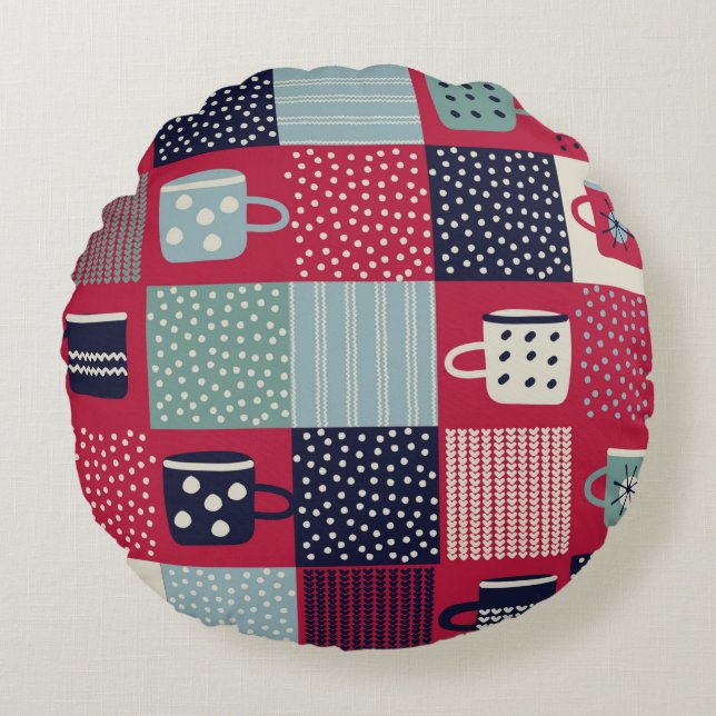 Seamless pattern, patchwork with hand drawn cups,  round cushion (Front)