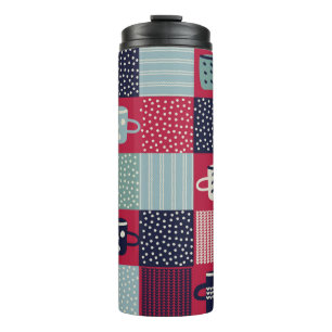 Seamless pattern, patchwork with hand drawn cups, thermal tumbler