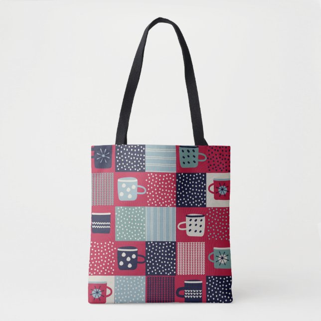 Seamless pattern, patchwork with hand drawn cups,  tote bag (Front)