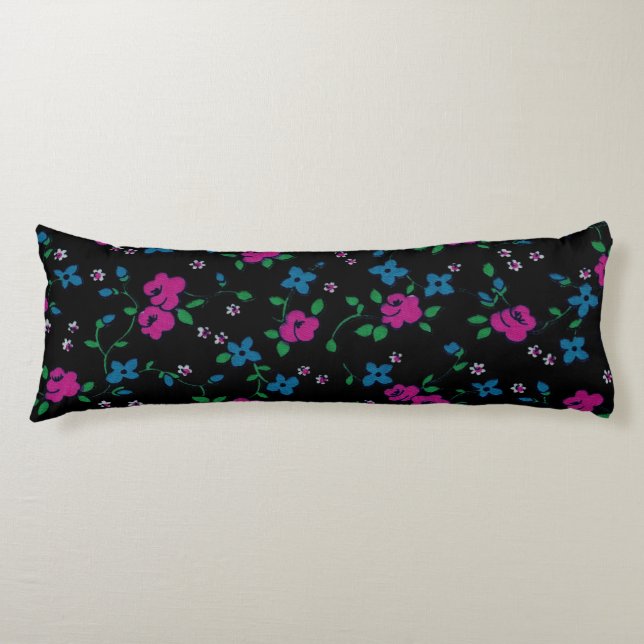 Seamless Pattern Pink blue flowers, green leaves Body Cushion (Front)