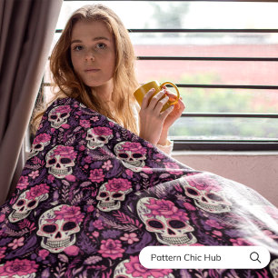 Seamless Pattern Pink Floral Skull Modern Chic Fleece Blanket