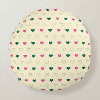 Seamless Pattern - Pink & Green Hearts on Cream Round Cushion