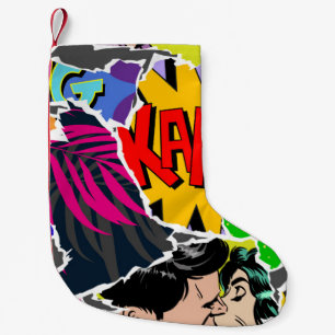 Seamless pattern pop art comics style. Collage of  Small Christmas Stocking