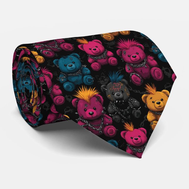 Seamless Pattern Rebellious Punk Rock Teddies Tie (Rolled)
