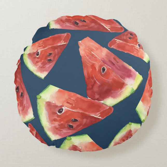 Seamless pattern. Slices of watercolor watermelon. Round Cushion (Front)