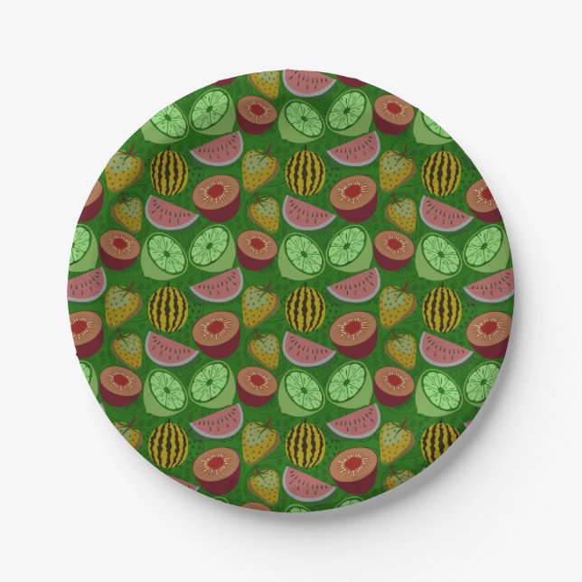 Seamless pattern tropical fruit & green background paper plate (Front)