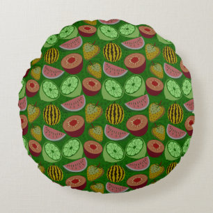 Seamless pattern tropical fruit & green background round cushion