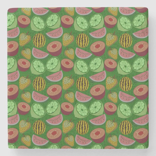 Seamless pattern tropical fruit & green background stone coaster (Front)
