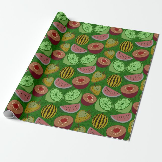 Seamless pattern tropical fruit & green background wrapping paper (Unrolled)