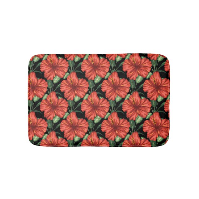 Seamless pattern Tropical red flowers green leaves Bath Mat (Front)