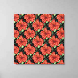 Seamless pattern Tropical red flowers green leaves Canvas Print