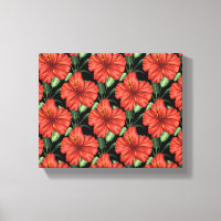 Seamless pattern Tropical red flowers green leaves