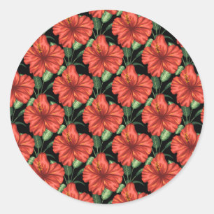 Seamless pattern Tropical red flowers green leaves Classic Round Sticker