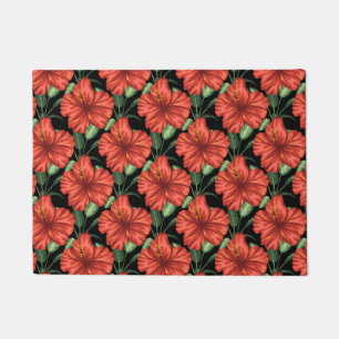 Seamless pattern Tropical red flowers green leaves Doormat