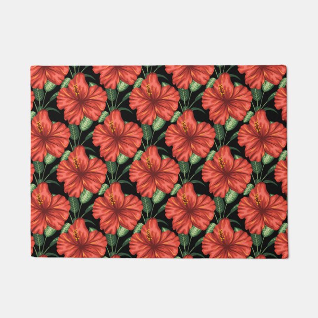 Seamless pattern Tropical red flowers green leaves Doormat (Front)