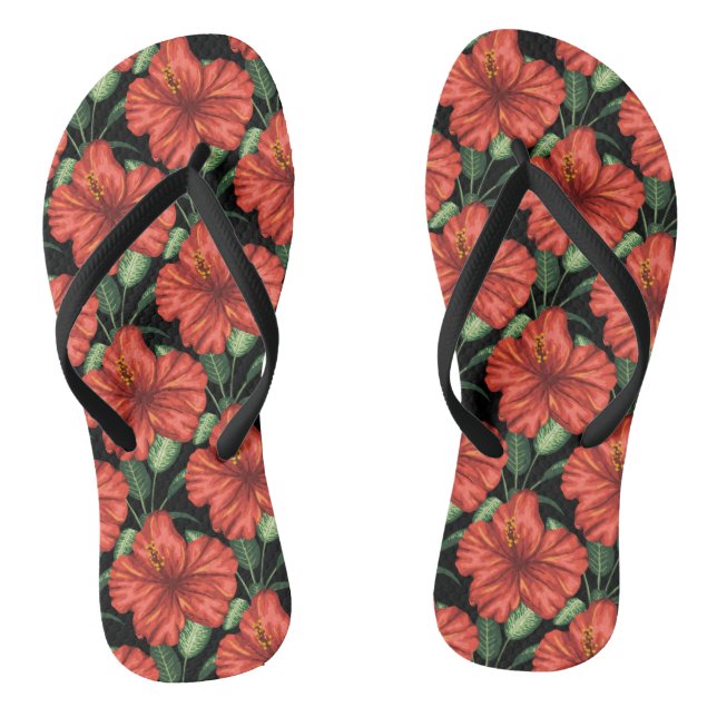 Seamless pattern Tropical red flowers green leaves Flip Flops (Footbed)